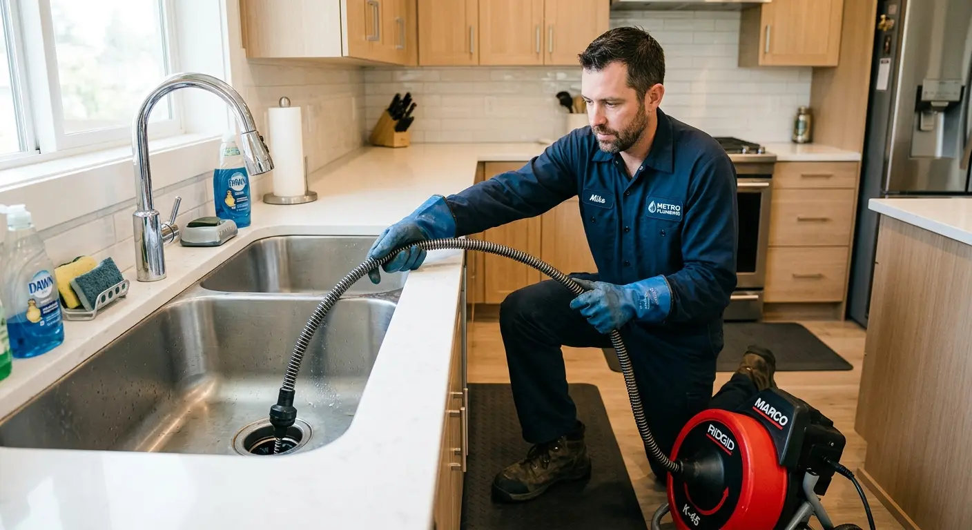 Drain cleaning technician using a motorized snake on a kitchen sink in West St. Paul
