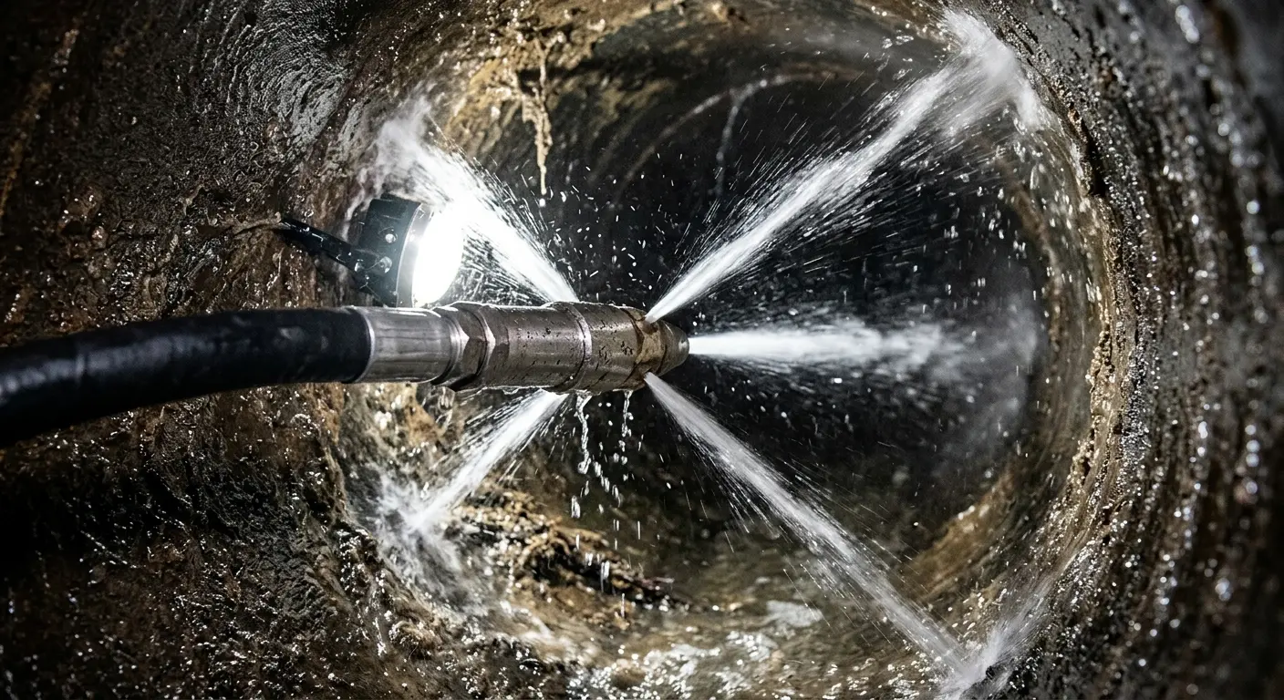 High-pressure hydro jetting nozzle cleaning sewer pipe for Emergency Drain Service in West St. Paul