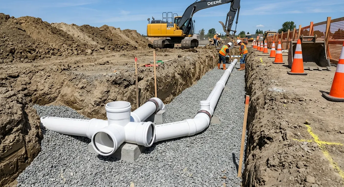 New PVC sewer pipe installation in open trench for Grease Trap Cleaning in West St. Paul