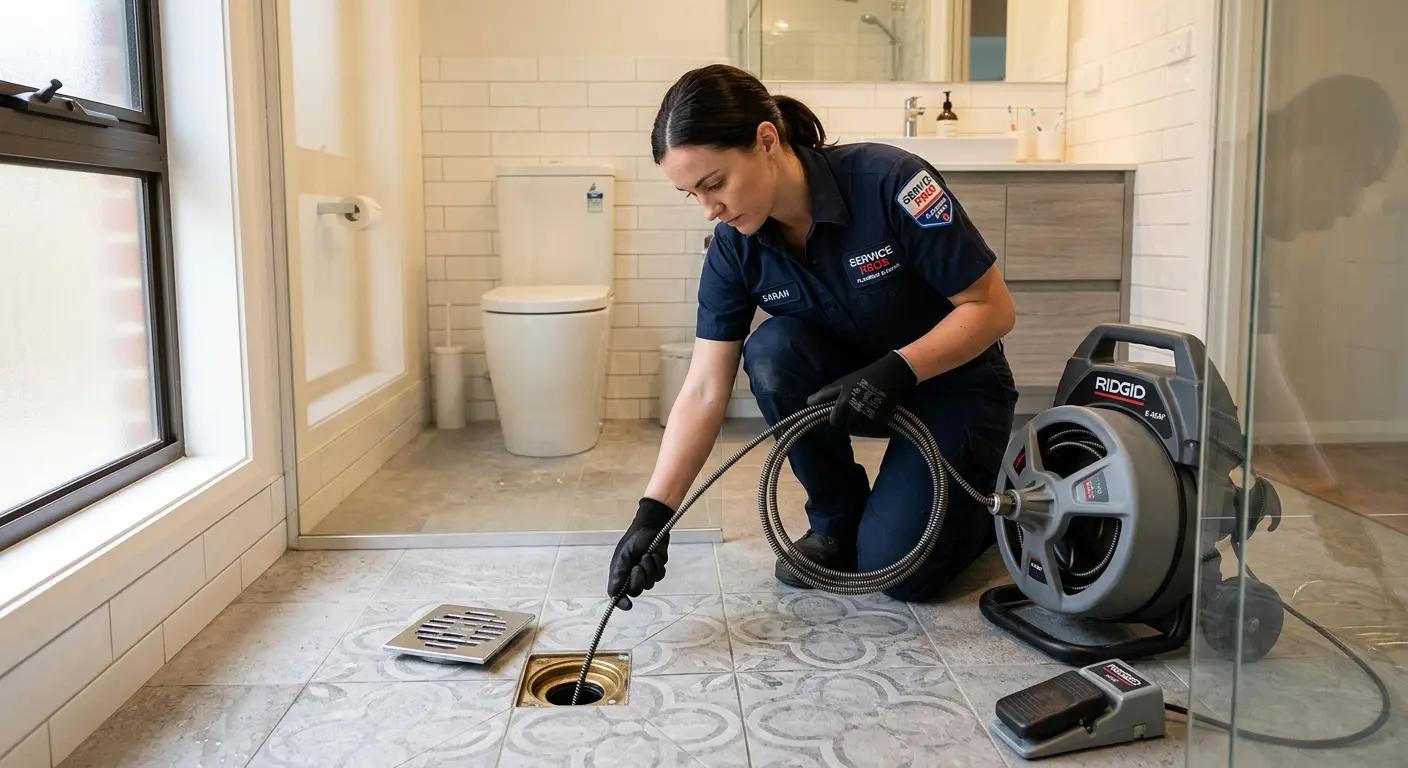 Technician clearing a bathroom floor drain for Sewer Line Installation in West St. Paul